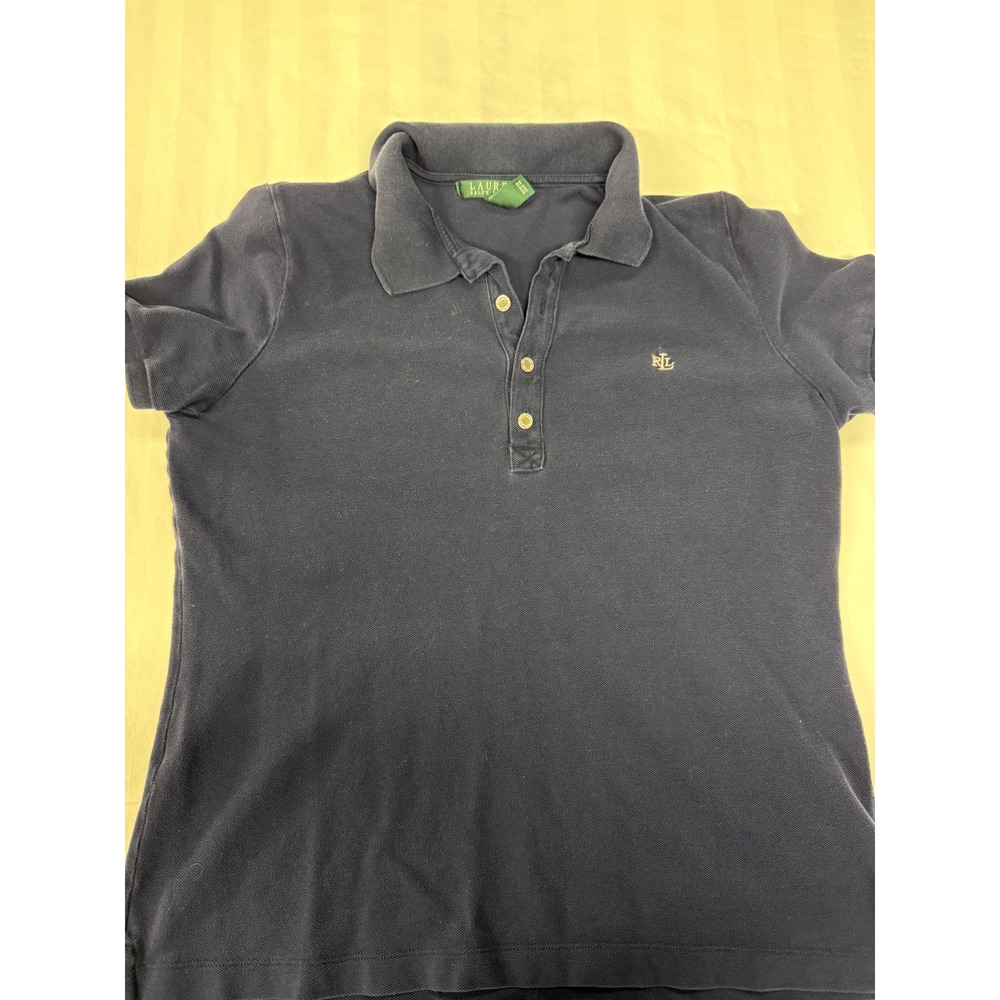 VTG Metal Button Ralph Lauren Navy Blue Cotton Polo Top L Logo Green Tg